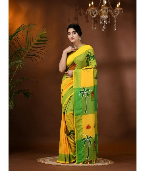 Handloom Pure Cotton Saree Tribal Hand Made Art Design With Blouse Piece (Yellow Green)