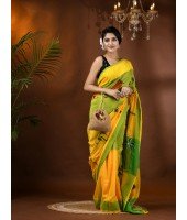 Handloom Pure Cotton Saree Tribal Hand Made Art Design With Blouse Piece (Yellow Green)