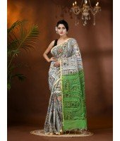 Cotton Blend Tribal Warli Print Half half Design Handloom Sarees with Blouse Piece (Green white)