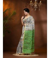 Cotton Blend Tribal Warli Print Half half Design Handloom Sarees with Blouse Piece (Green white)