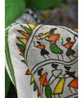 Cotton Blend Tribal Warli Print Half half Design Handloom Sarees with Blouse Piece (Green white)