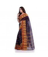 DESH BIDESH Women`s Traditional Pure Cotton Handloom Saree Woven Paisley Kolka Designer Without Blouse Piece (Deep Blue)