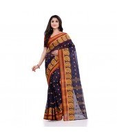 DESH BIDESH Women`s Traditional Pure Cotton Handloom Saree Woven Paisley Kolka Designer Without Blouse Piece (Deep Blue)