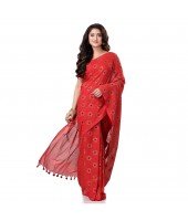 dB DESH BIDESH Women`s Bengal Tant Abhrak Work Design Soft Pure Handloom Cotton Saree With Blouse Piece Red