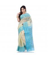 dB DESH BIDESH Women`s Bengal Tant Jamdani Printed Handloom Cotton Saree Without Blouse Piece (Blue)