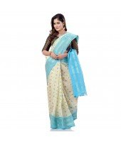 dB DESH BIDESH Women`s Bengal Tant Jamdani Printed Handloom Cotton Saree Without Blouse Piece (Blue)