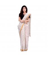 dB DESH BIDESH Women`s Bengal Tant Kerala Print Design Pure Handloom Cotton Saree Without Blouse Piece White Green