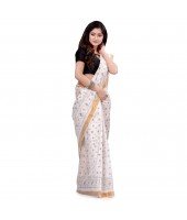 dB DESH BIDESH Women`s Bengal Tant Kerala Print Design Pure Handloom Cotton Saree Without Blouse Piece White Green