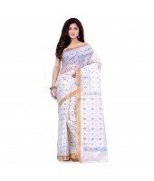 dB DESH BIDESH Women`s Bengal Tant Kerala Print Design Pure Handloom Cotton Saree Without Blouse Piece White Blue