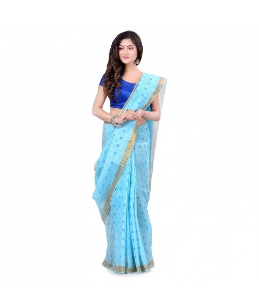 dB DESH BIDESH Women`s Bengal Tant Kerala Print Design Pure Handloom Cotton Saree Without Blouse Piece Blue