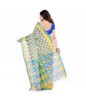 dB DESH BIDESH Women`s Bengal Tant Kolka Print Design Pure Handloom Cotton Saree Without Blouse Piece Green