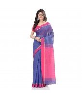 dB DESH BIDESH Women`s Tant Silk Handloom Cotton Saree Sequence Work With Blouse Piece (Blue Pink)