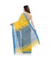 dB DESH BIDESH Women`s Tant Silk Handloom Cotton Saree Sequence Work With Blouse Piece Yellow Blue