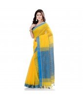 dB DESH BIDESH Women`s Tant Silk Handloom Cotton Saree Sequence Work With Blouse Piece Yellow Blue