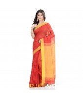 dB DESH BIDESH Women`s Tant Silk Handloom Cotton Saree Sequence Work With Blouse Piece (Red Yellow)