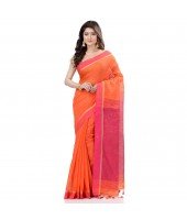 dB DESH BIDESH Women`s Tant Silk Handloom Cotton Saree Sequence Work With Blouse Piece (Orange Pink)