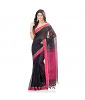 dB DESH BIDESH Women`s Tant Silk Handloom Cotton Saree Sequence Work With Blouse Piece (Black Pink)