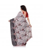  Women`s Traditional Bengal Soft Kalamkari Printed Handloom Cotton Saree Border Tassels Without Blouse Piece White Black