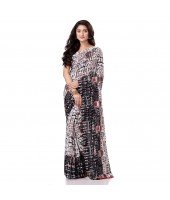  Women`s Traditional Bengal Soft Kalamkari Printed Handloom Cotton Saree Border Tassels Without Blouse Piece White Black