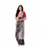  Women`s Traditional Bengal Soft Kalamkari Printed Handloom Cotton Saree Border Tassels Without Blouse Piece White Black