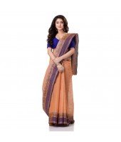 Bengal Soft Cotton Women`s Traditional Bengal Tant Pure Handloom Cotton Saree Jol Torongo Woven Design Without Blouse Piece Orange Blue