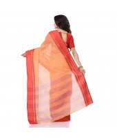 Bengal Soft Cotton Women`s Traditional Bengal Tant Pure Handloom Cotton Saree Kantha Stitch Woven Without Blouse Piece Orange Red