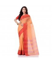 Bengal Soft Cotton Women`s Traditional Bengal Tant Pure Handloom Cotton Saree Kantha Stitch Woven Without Blouse Piece Orange Red