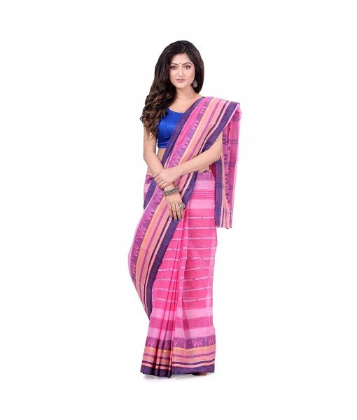 dB DESH BIDESH Women`s Traditional Bengal Tant Pure Handloom Cotton Saree Temple Buti Woven Design Without Blouse Piece Pink