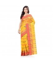 dB DESH BIDESH Women`s Traditional Bengal Tant Woven RangDeBasanti Design Pure Handloom Cotton Saree Without Blouse Piece (Yellow)