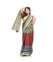 dB DESH BIDESH Women`s Traditional Bengali 3D Temple Design Pure Handloom Cotton Saree Without Blouse Piece (Brown