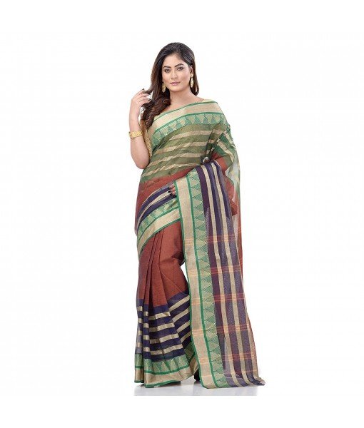 dB DESH BIDESH Women`s Traditional Bengali 3D Temple Design Pure Handloom Cotton Saree Without Blouse Piece (Brown