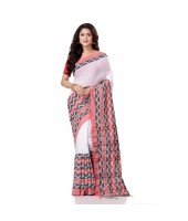 Bengal Soft Cotton Women`s Traditional Bengali Chakra Begampuri Pure Handloom Cotton Saree With Blouse Piece White