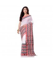 Bengal Soft Cotton Women`s Traditional Bengali Chakra Begampuri Pure Handloom Cotton Saree With Blouse Piece White