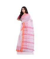 DESH BIDESH Women`s Traditional Bengali Handloom Tant Pure Cotton Saree Jhora Pata Desigined With Blouse Piece (White Red)