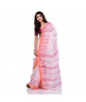 DESH BIDESH Women`s Traditional Bengali Handloom Tant Pure Cotton Saree Jhora Pata Desigined With Blouse Piece (White Red)