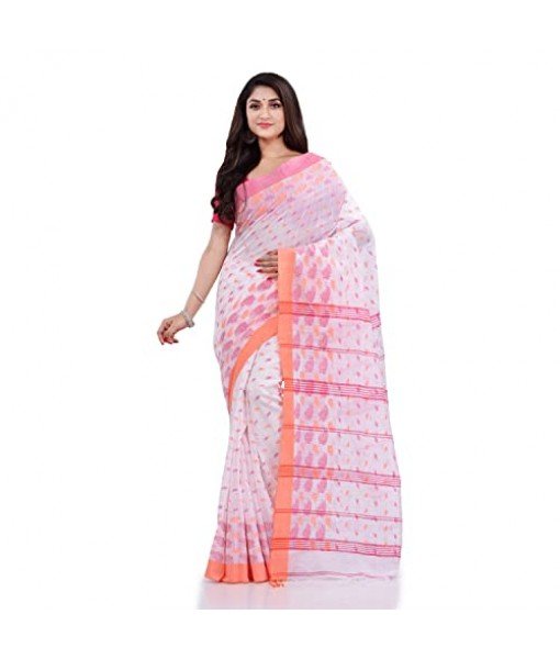 DESH BIDESH Women`s Traditional Bengali Handloom Tant Pure Cotton Saree Jhora Pata Desigined With Blouse Piece (White Red)