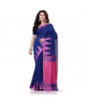 Women`s Traditional Bengali Handloom Tant Pure Cotton Saree Khadi Temple Par Desigined With Blouse Piece Blue Pink