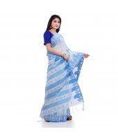 Women`s Traditional Bengali Handloom Tant Pure Cotton Saree Khadi Kanakanjali Desigined With Blouse Piece (White Blue)