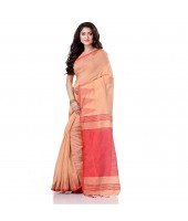 dB DESH BIDESH Women`s Traditional Bengali Handloom Tant Pure Cotton Saree Khadi Temple Par Desigined With Blouse Piece Off Red Red