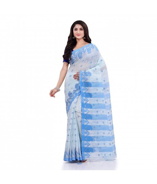 Women`s Traditional Bengali Handloom Tant Pure Cotton Saree Khadi Kanakanjali Desigined With Blouse Piece (White Blue)