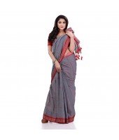 DESH BIDESH Women`s Traditional Bengali Tant Handloom Cotton Saree Galaxi Design With Blouse Piece(Grey)