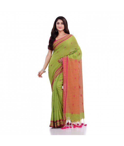 Women`s Traditional Bengali Tant Handloom Cotton Saree Galaxi Design With Blouse Piece