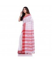 DESH BIDESH Women`s Traditional Bengali Tant Handloom Pure Cotton Saree Piramide Design With Blouse Piece(White Red)