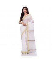 DESH BIDESH Women`s Traditional Cotton Blend Handloom White Golden South Indian Design Saree Without Blouse Piece (Onam Festival)