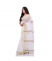 DESH BIDESH Women`s Traditional Cotton Blend Handloom White Golden South Indian Design Saree Without Blouse Piece (Onam Festival)