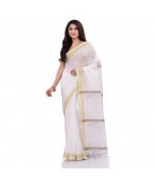 DESH BIDESH Women`s Traditional Cotton Blend Handloom White Golden South Indian Design Saree Without Blouse Piece (Onam Festival)