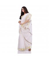 DESH BIDESH Women`s Traditional Cotton Blend Handloom White Golden South Indian Design Saree Without Blouse Piece (Onam Festival)