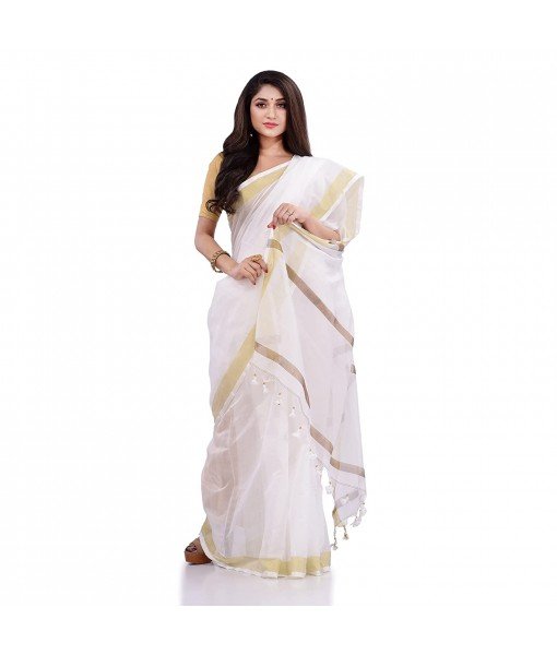 DESH BIDESH Women`s Traditional Cotton Blend Handloom White Golden South Indian Design Saree Without Blouse Piece (Onam Festival)