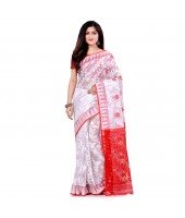 dB Desh Bidesh Women`s Bengal Handloom Tant Soft Dhakai Jamdani Cotton Saree Whole Body Design (White Red)