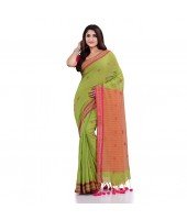 Women`s Traditional Bengali Tant Handloom Cotton Saree Galaxi Design With Blouse Piece (Green)